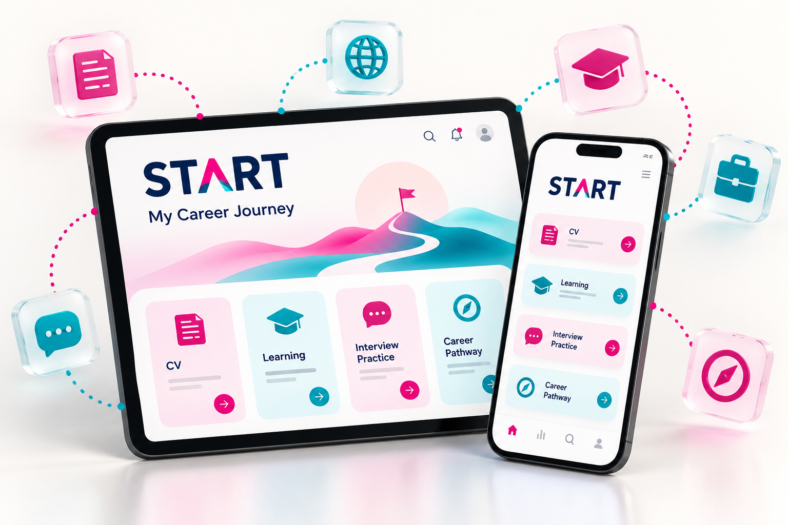 Ilustrasi konsep START di HP dan tablet, terhubung ke CV, pembelajaran, interview dan jalur karier